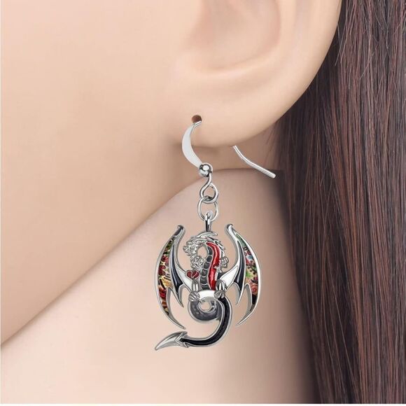 Silver and Multicolor Enamel Mythical Dragon Dangling French Wire Hook Earrings - Picture 4 of 5